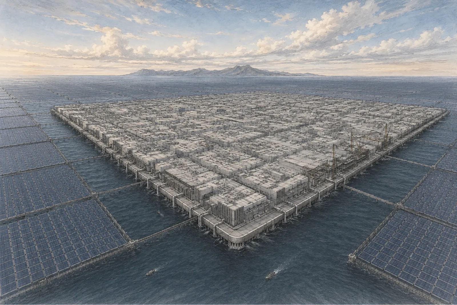 An AI-designed modular floating platform: solar arrays and compute blocks standing on piers offshore, drawn as one continuous structure